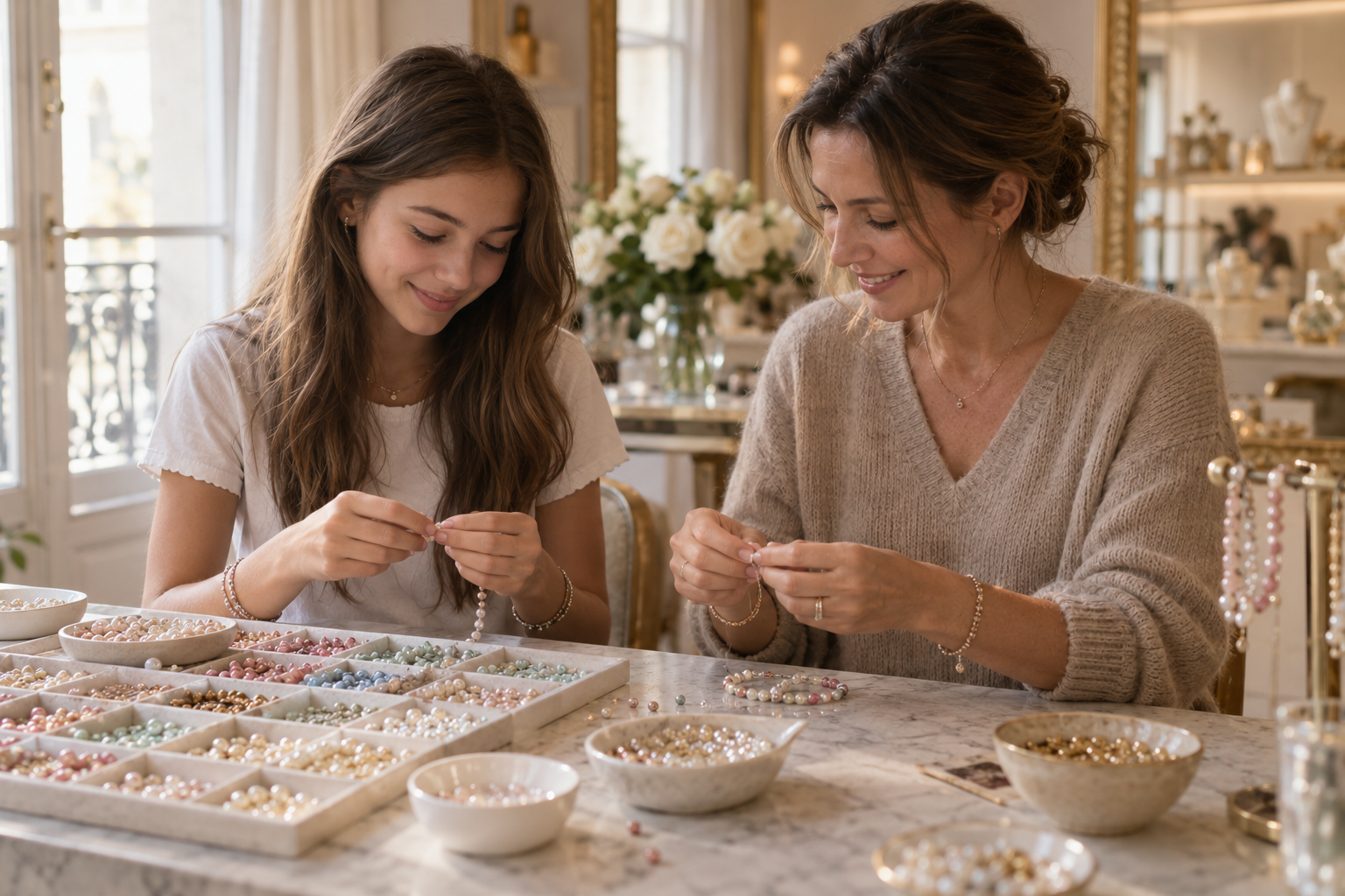 Mère et fille créant chacune son bracelet à l'atelier My Nice Bracelet à Paris
