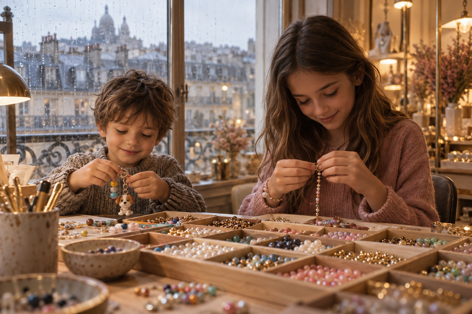 Enfants et parents créant leurs bracelets pendant les vacances scolaires à l'atelier My Nice Bracelet à Paris