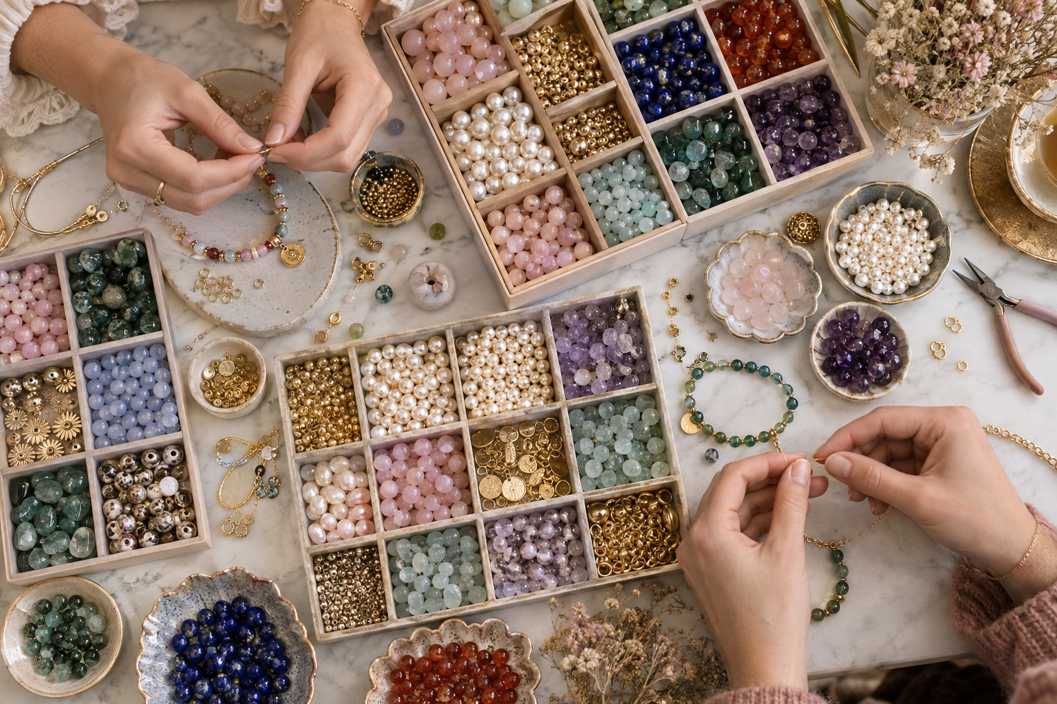 Perles, pinceaux, terre et fleurs sur un établi — les familles d'ateliers créatifs à Paris
