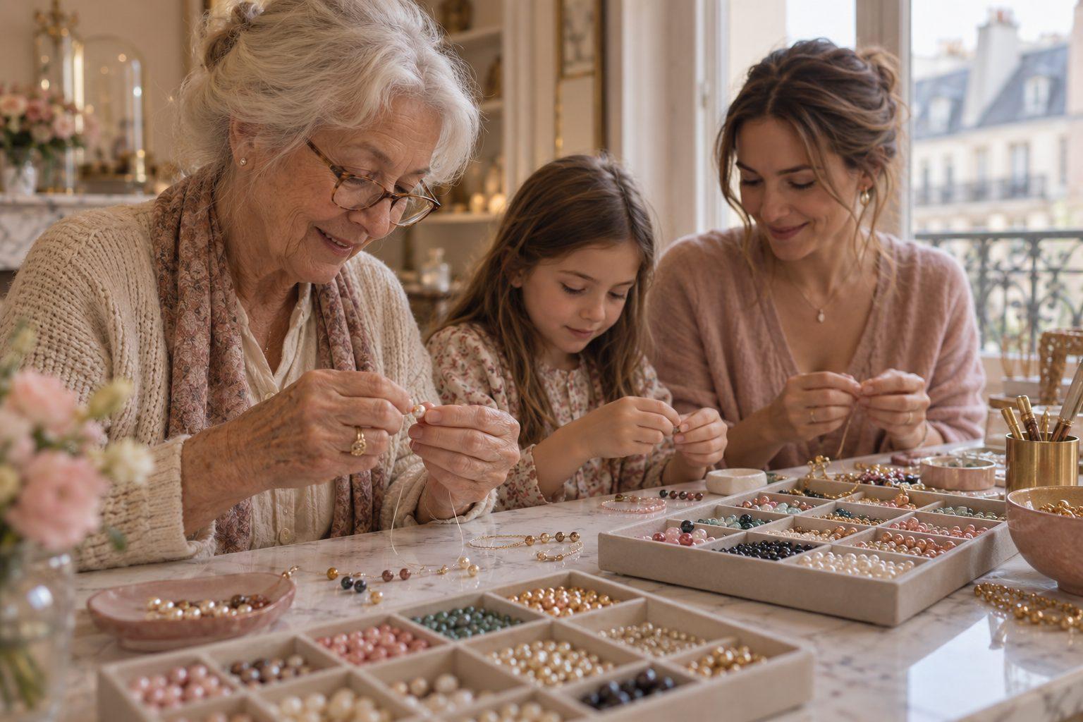 Grand-mère, mère et enfant créent leurs bracelets côte à côte dans l'atelier My Nice Bracelet à Paris