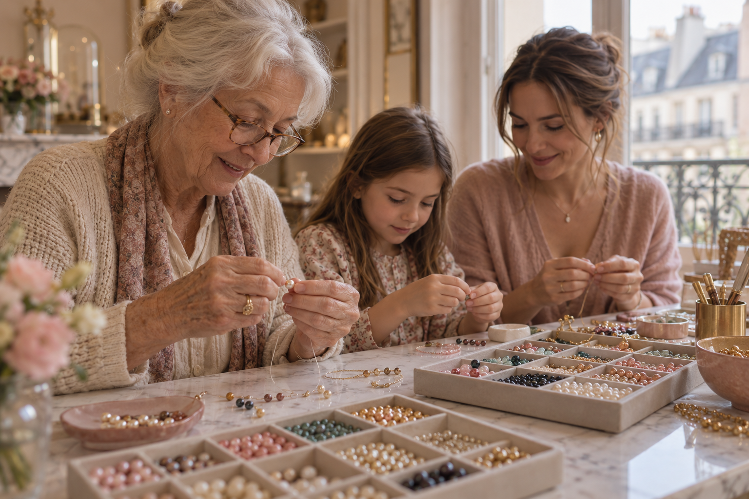 Grand-mère, mère et enfant créent leurs bracelets côte à côte dans l'atelier My Nice Bracelet à Paris