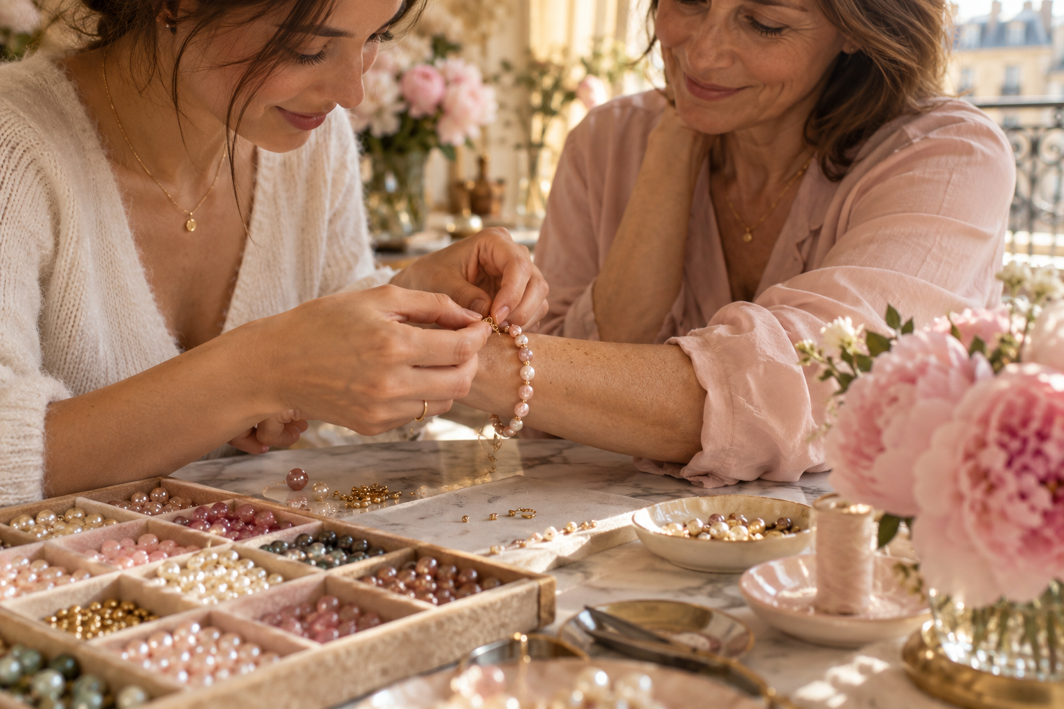 Bracelet de pierres composé en atelier à Paris — idée cadeau pour la fête des Mères