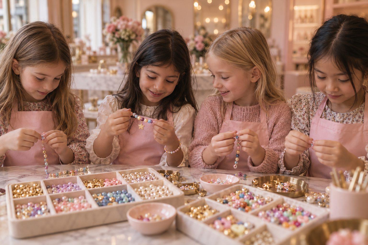 Un groupe d'enfants autour de l'établi de l'atelier My Nice Bracelet à Paris — sortie créative entre copains