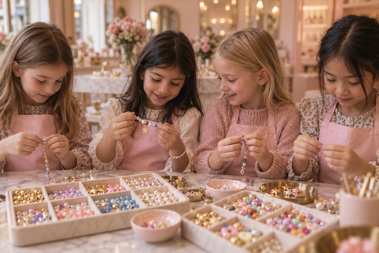 Un groupe d'enfants autour de l'établi de l'atelier My Nice Bracelet à Paris — sortie créative entre copains