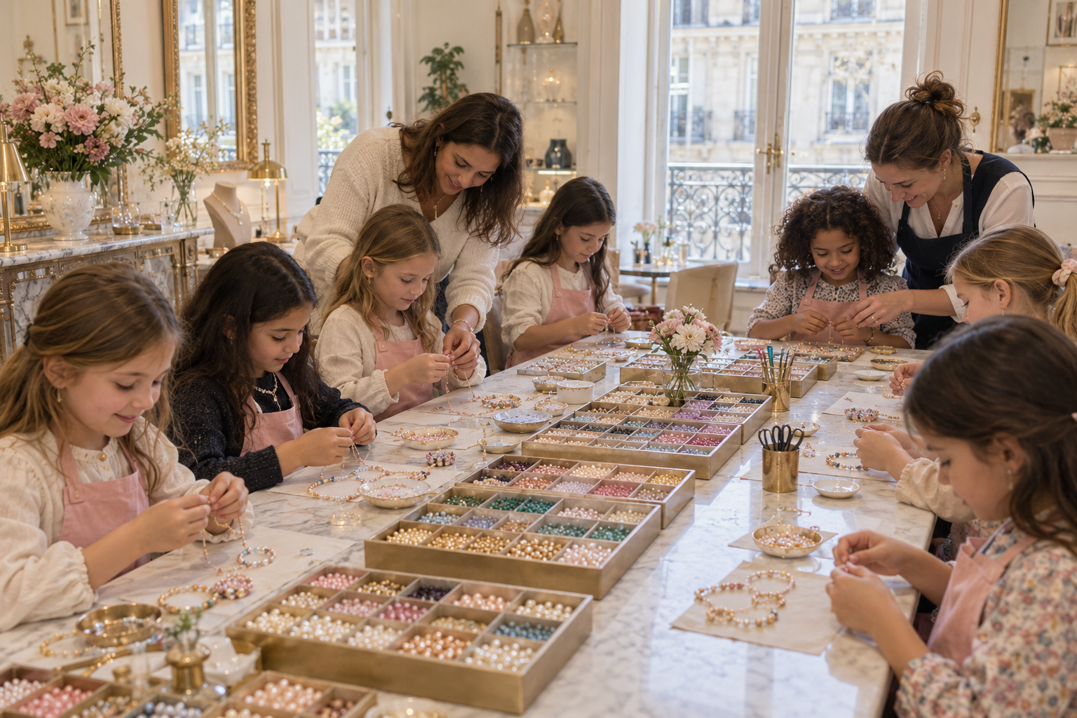 Groupe scolaire en atelier de création de bijoux à Paris — élèves attablés devant les bacs de perles
