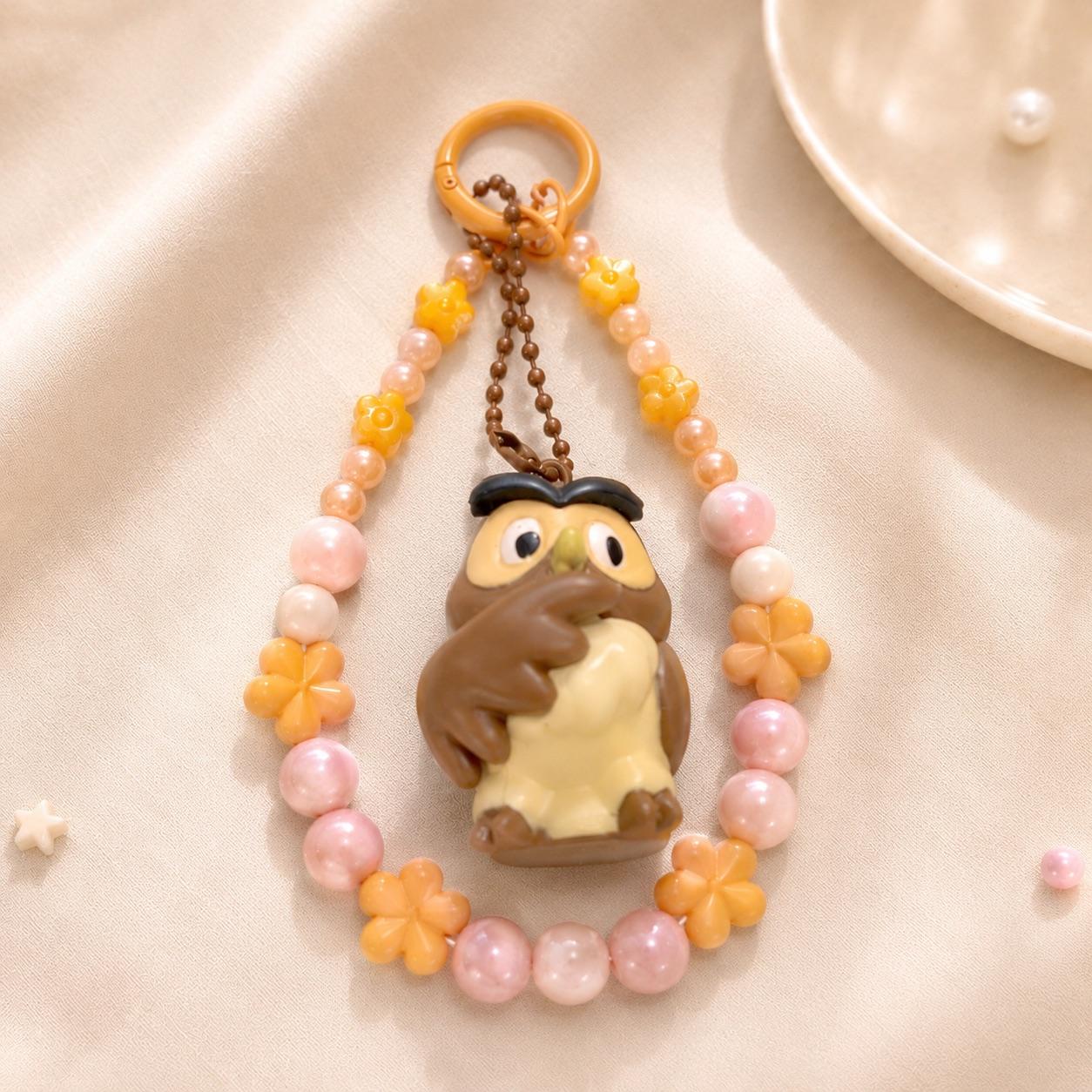 Porte-clé Kawaii rose et jaune avec figurine chouette