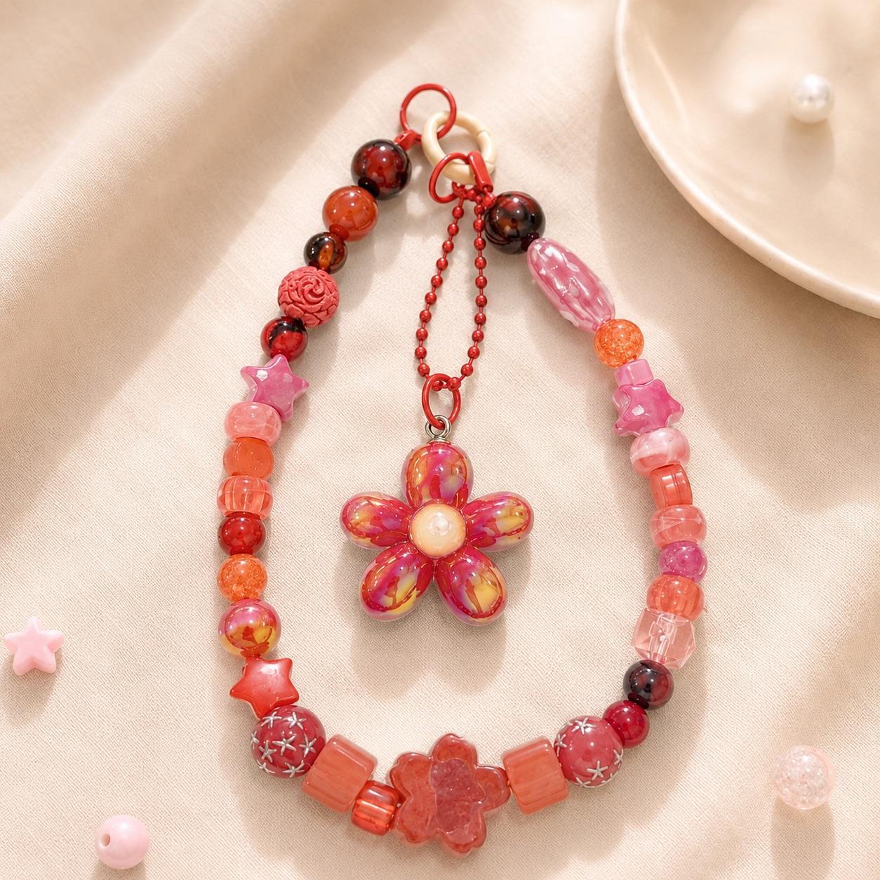 Porte-clé Kawaii rouge et rose avec pendentif fleur