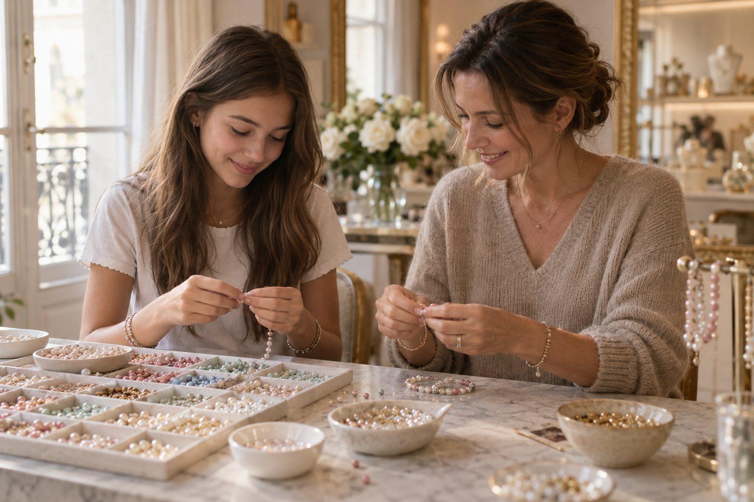 Mère et fille créant chacune son bracelet à l'atelier My Nice Bracelet à Paris